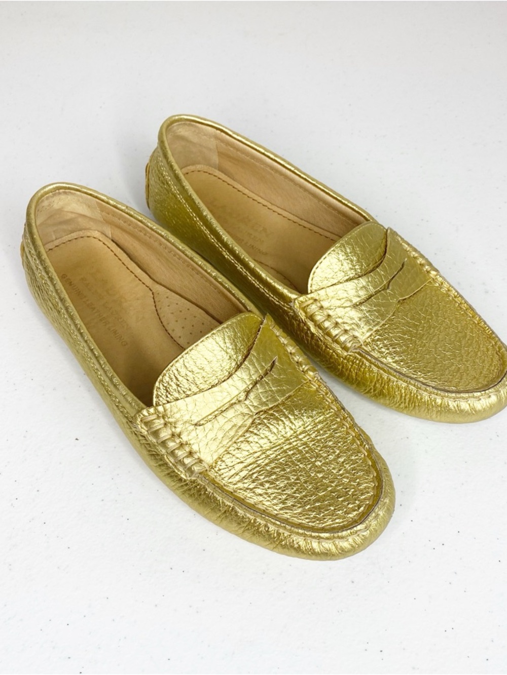 Lauren Ralph Lauren Camila textured gold leather driving Penny Loafer Size 6B